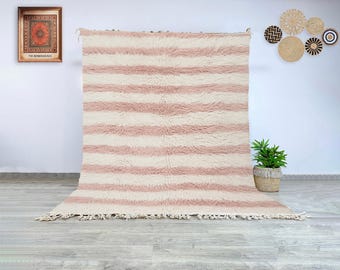 Moroccan Beni Ourain Cream Wool Rug with Blush Horizontal Stripes | Authentic Handwoven Berber Carpet for Cozy Contemporary Decor