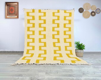 Authentic Moroccan Berber Rug, Handwoven Wool Carpet with Golden Yellow Geometric Patterns, Beni Ourain Tribal Wool Area Rug for Living Room
