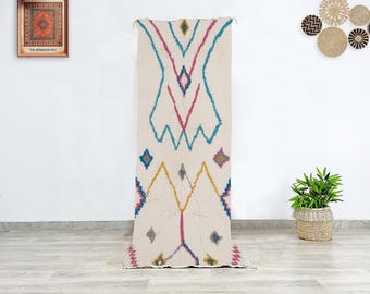 Moroccan Beni Ourain wool runner rug, soft cream plush texture with colorful Berber diamond patterns, handmade hallway and entry floor rug
