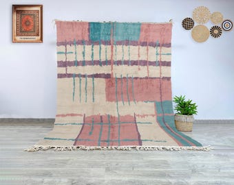 Moroccan Beni Ourain Wool Rug: Hand-Knotted Berber Carpet with Abstract Pink, Teal, and Lavender Grid, Modern Boho Area Rug