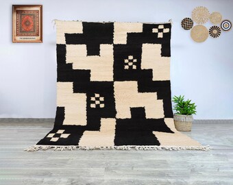 Rug Moroccan Berber Beni Ourain black cream hand knotted wool tribal authentic geometric high quality for living room