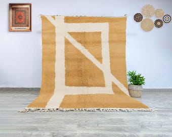 Handmade Moroccan Wool Rug in Camel and Cream, Minimalist Berber Carpet with Modern Linear Design for Living Room or Neutral Home Décor