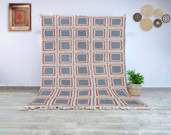 Handwoven Moroccan Wool Rug, Blue and Burgundy Geometric Square Beni Ourain Carpet for Modern Bohemian Home and Artistic Interior Styling