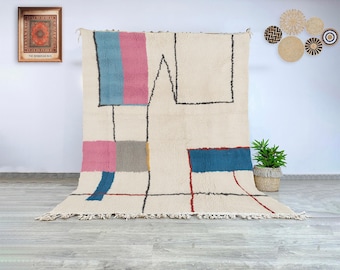 Hand Knotted Wool Beni Ourain Rug in Ivory with Pink Blue and Gray Abstract Blocks, Authentic Moroccan Berber Carpet for Living Room Decor