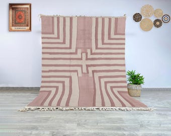 Moroccan wool Beni Ourain rug blush pink geometric striped design handmade Berber carpet for modern living room
