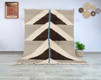 Moroccan Wool Rug Chevron Taupe Cream Brown Blue | Handwoven Berber Carpet | Earthy Modern Geometric Area Rug for Minimalist Interiors
