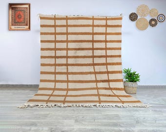 Wool Moroccan Beni Ourain rug handmade authentic Berber checkered cream brown geometric high quality carpet for bedroom dining