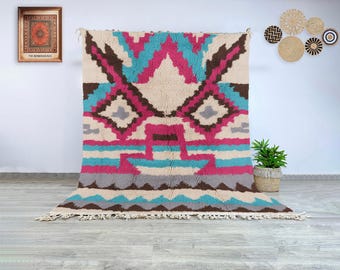 Boho Moroccan Wool Area Rug, Handmade Beni Ourain Carpet with Pink, Blue, and Beige Tribal Pattern, Cozy Wool Berber Rug for Modern homes