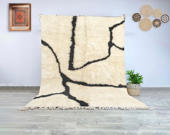 Off White Beni Ourain Rug Black Shape- Unique Minimalist Rug - Contemporary Modern Moroccan Carpet - Berber Tribal Authentic Custom Rug