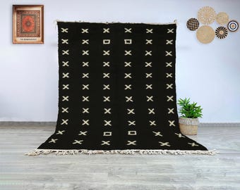 Berber Beni Ourain Wool Rug, Black Moroccan Hand-Knotted Carpet with Cream X and Square Motifs, Modern Wool Area Rug for Home