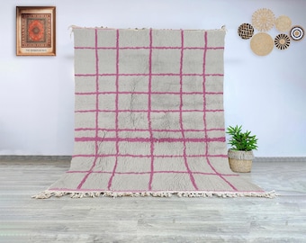 Authentic Beni Ourain wool rug with pink geometric checks minimalist Moroccan carpet for bedroom or home office