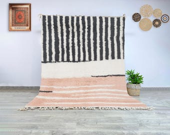 Soft Moroccan Wool Rug in Blush Pink and Black, Hand Knotted Berber Carpet with Modern Striped Design for Cozy Winter or Fall Home Décor