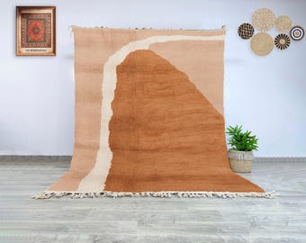 Modern Moroccan Wool Rug, Hand-Knotted Camel and Beige Carpet, Abstract Beni Ourain Style Wool Area Rug for Living Room or Bedroom Décor