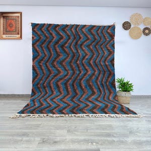 Authentic Beni Ourain Rug - Boujaad Zigzag Pattern in Blue, Black, and Wine - Handwoven Moroccan Wool Rug for Modern and Boho Spaces