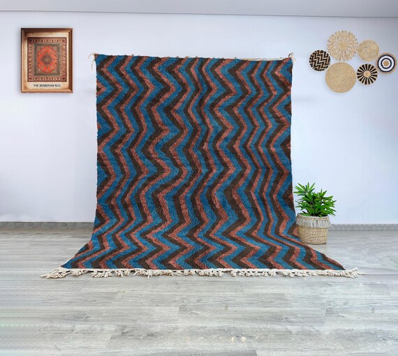 Authentic Beni Ourain Rug - Boujaad Zigzag Pattern in Blue, Black, and Wine - Handwoven Moroccan Wool Rug for Modern and Boho Spaces