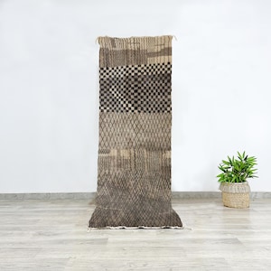 Elegant Beige and Black Checkered Beni Ourain Runner Rug – Handmade Berber Carpet for Contemporary Boho Home Decor - Premium Walkway Rug