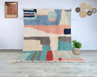 Hand-Knotted Moroccan Beni Ourain Wool Rug: Abstract Berber Carpet in Beige, Pink, Blue, Teal and Gray for Modern Living Room Décor