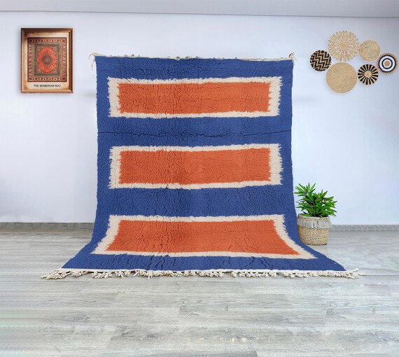 Handwoven Beni Ourain Wool Rug | Terracotta Panels with Blue and Cream Borders | Authentic Moroccan Berber Carpet | Modern Boho Rug