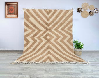Beige and Cream Moroccan Wool Rug, Hand Knotted Berber Carpet with Symmetrical Geometric Pattern for Modern, Neutral, or Bohemian Home Décor