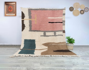 Abstract Moroccan Wool Rug in Pink, Blue, and Beige, Hand Knotted Berber Carpet with Modern Artistic Pattern for Living Room or Studio Décor