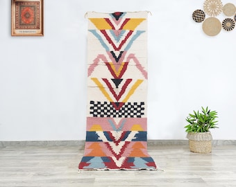 Beni Ourain Moroccan wool runner rug, cream base with colorful geometric tribal patterns, handmade Berber hallway and entryway decor