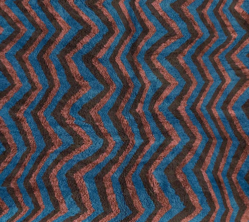 Authentic Beni Ourain Rug - Boujaad Zigzag Pattern in Blue, Black, and Wine - Handwoven Moroccan Wool Rug for Modern and Boho Spaces