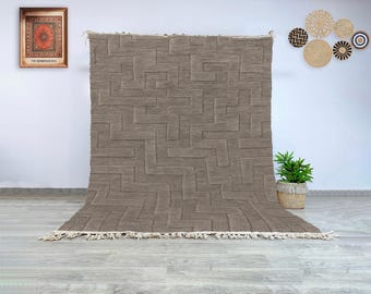 Authentic Moroccan Wool Rug, Hand Knotted Berber Carpet in Taupe Beige with Raised Geometric Texture, Ideal for Modern and Minimal Interiors