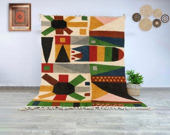 Moroccan Wool Beni Ourain Rug, Multicolor Abstract Pattern with Geometric Motifs, Hand-Knotted Berber Carpet for Living Room Decor