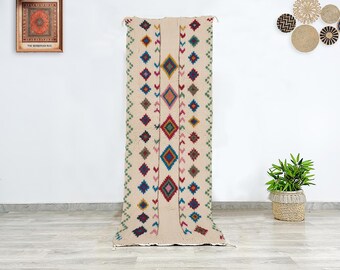 Beni Ourain hand knotted Moroccan wool runner, cream rug with multicolor tribal diamond motifs, plush Berber hallway and entryway accent