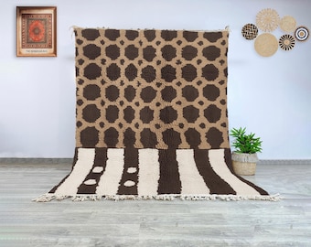 Handwoven Moroccan Wool Rug, Authentic Berber Carpet Featuring Dotted and Striped Pattern in Earthy Neutrals for Modern or Eclectic Home