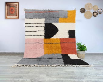Modern Moroccan Wool Rug in Gray, Mustard, and Pink, Hand Knotted Berber Carpet with Bold Abstract Design for Contemporary or Artistic Homes
