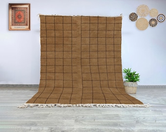 Moroccan Wool Rug, Handmade Camel and Black Berber Carpet with Simple Grid Motif, Elegant Natural Tone for Modern Boho and Scandinavian Home