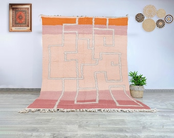 Peach Terracotta Moroccan Wool Rug, Handcrafted Berber Abstract Area Carpet with Plush Texture for Contemporary Living Room Interiors