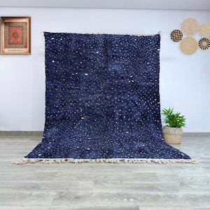 Authentic Navy Blue Dotted Beni Ourain Rug - Moroccan Berber Wool Rug for Modern and Minimalist Spaces Cozy Contemporary Area Polka Rug