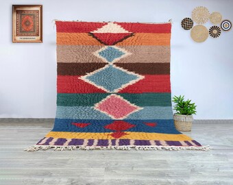 Moroccan Wool Rug, Geometric Diamond Pattern Berber Carpet Handwoven in Multicolor Stripes for Modern, Boho, or Rustic Living Spaces
