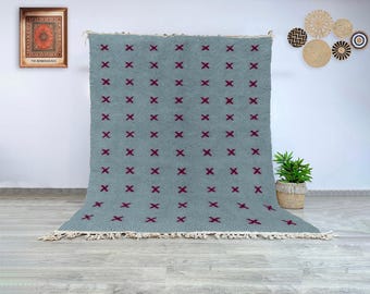 Moroccan Beni Ourain Gray Wool Rug, Handwoven Berber Carpet with Burgundy Motifs, Authentic Wool Area Rug for Bedroom or Modern Interiors