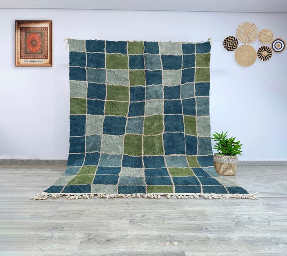 Contemporary Off White Beni Ourain Rug - Premium Quality Rug Tetris Design in Blue and Green - Stylish Checkered Wool Carpet for Living Room
