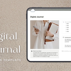 May include: A digital journal template on a computer screen. The screen shows a woman holding a journal and a phone. The text on the screen reads "Digital Journal" and "Warm journaling".