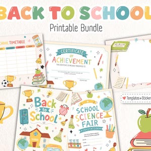Pacote de atividades imprimíveis para a volta às aulas, modelos escolares, adesivos, clipart, PNG, JPG, SVG, planilha de sala de aula, horário, certificado.