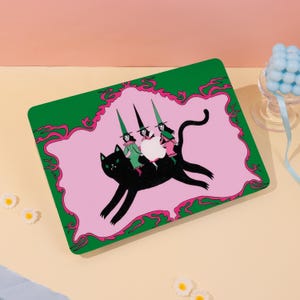 Witches Riding a Cat MacBook Case Hard Protective Laptop Case 2025 Macbook Pro 16/14 Cover For Macbook Air 15 Case,Simple Illustration Style