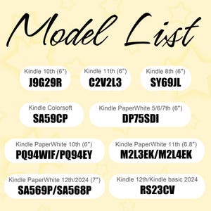 May include: A light yellow graphic with the words "Model List" in a cursive font. Below, a list of Kindle models with their corresponding model numbers is displayed. The list includes Kindle 10th, 11th, and 8th generation models, as well as PaperWhite and Colorsoft versions.
