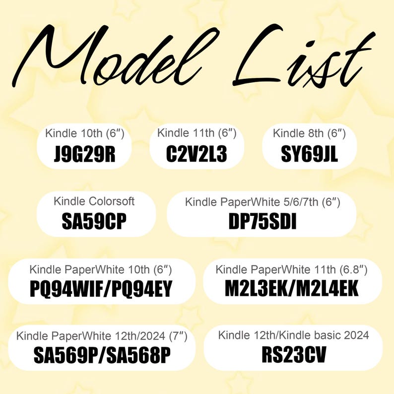 May include: A light yellow graphic with the words "Model List" in a cursive font. Below, a list of Kindle models with their corresponding model numbers is displayed. The list includes Kindle 10th, 11th, and 8th generation models, as well as PaperWhite and Colorsoft versions.