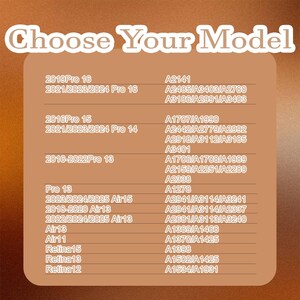 May include: A chart with a list of Apple products and their model numbers. The chart is divided into two columns, with the product names on the left and the model numbers on the right. The products are listed in order from newest to oldest. The chart is on a brown background.