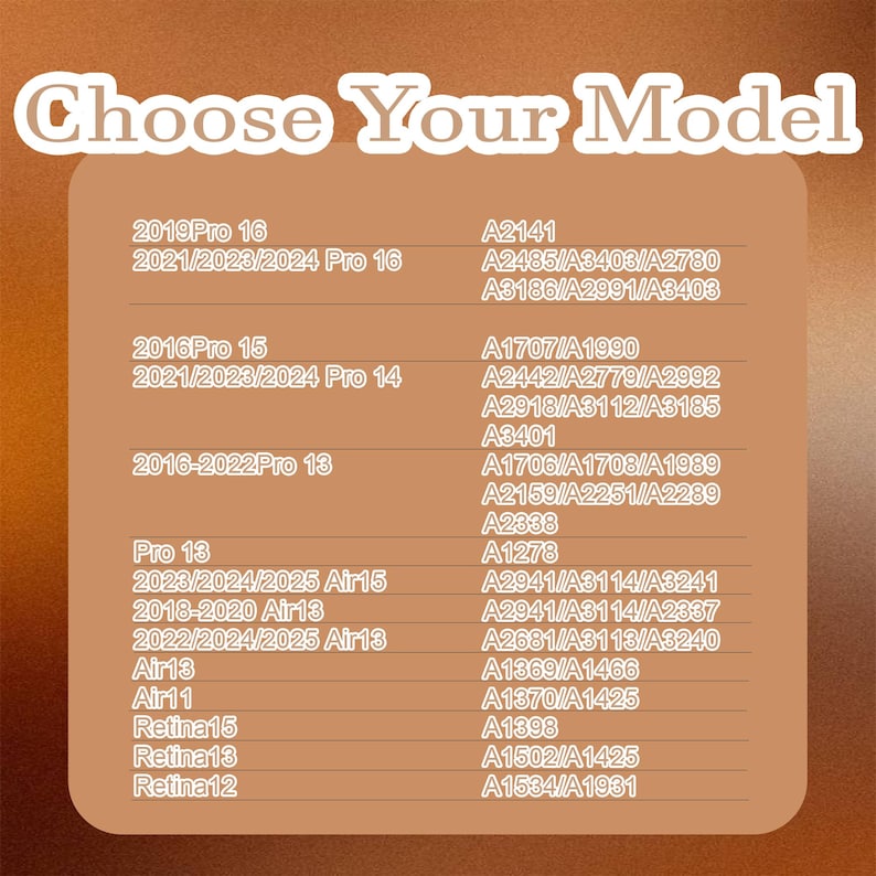 May include: A chart with a list of Apple products and their model numbers. The chart is divided into two columns, with the product names on the left and the model numbers on the right. The products are listed in order from newest to oldest. The chart is on a brown background.