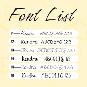 May include: A light yellow background with the words "Font List" in black script. Below, six font examples are displayed, each labeled F1 through F6, showcasing the font "Kendra" and the alphabet.
