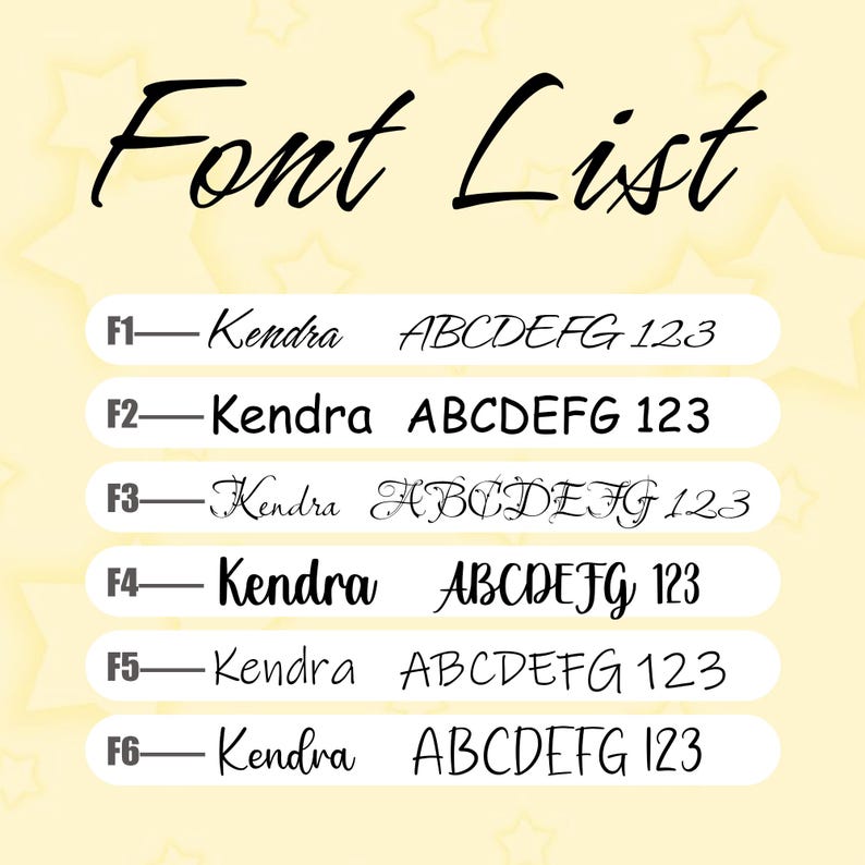 May include: A light yellow background with the words "Font List" in black script. Below, six font examples are displayed, each labeled F1 through F6, showcasing the font "Kendra" and the alphabet.