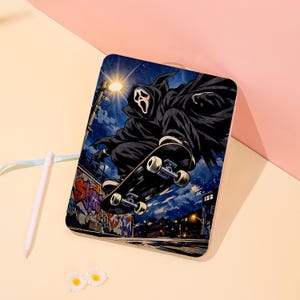 May include: A rectangular tablet case featuring a graphic illustration of a hooded figure with a white mask riding a skateboard. The scene depicts a night setting with a street lamp, a graffiti-covered wall, and a dark blue sky background.