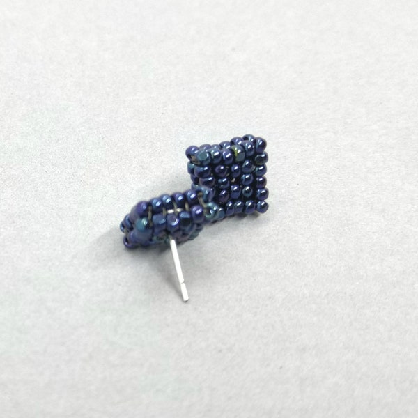 Tiny Beaded Square Post Earrings in Petrol Blue