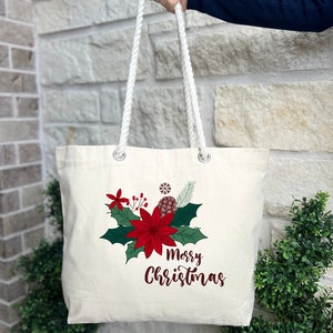 Merry Christmas Tote Bag, Christmas Tote Bags for Women, Flower Merry Christmas Gift, Xmas Family Gift, Women Xmas Tote Bag