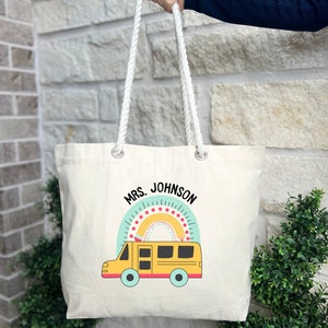 Customized Rainbow Bus Driver Bag, Gift for Women, Canvas Tote Bag, Bus Driver Bag, Personalized Name Bus Driver Gift, School Bags, Custom